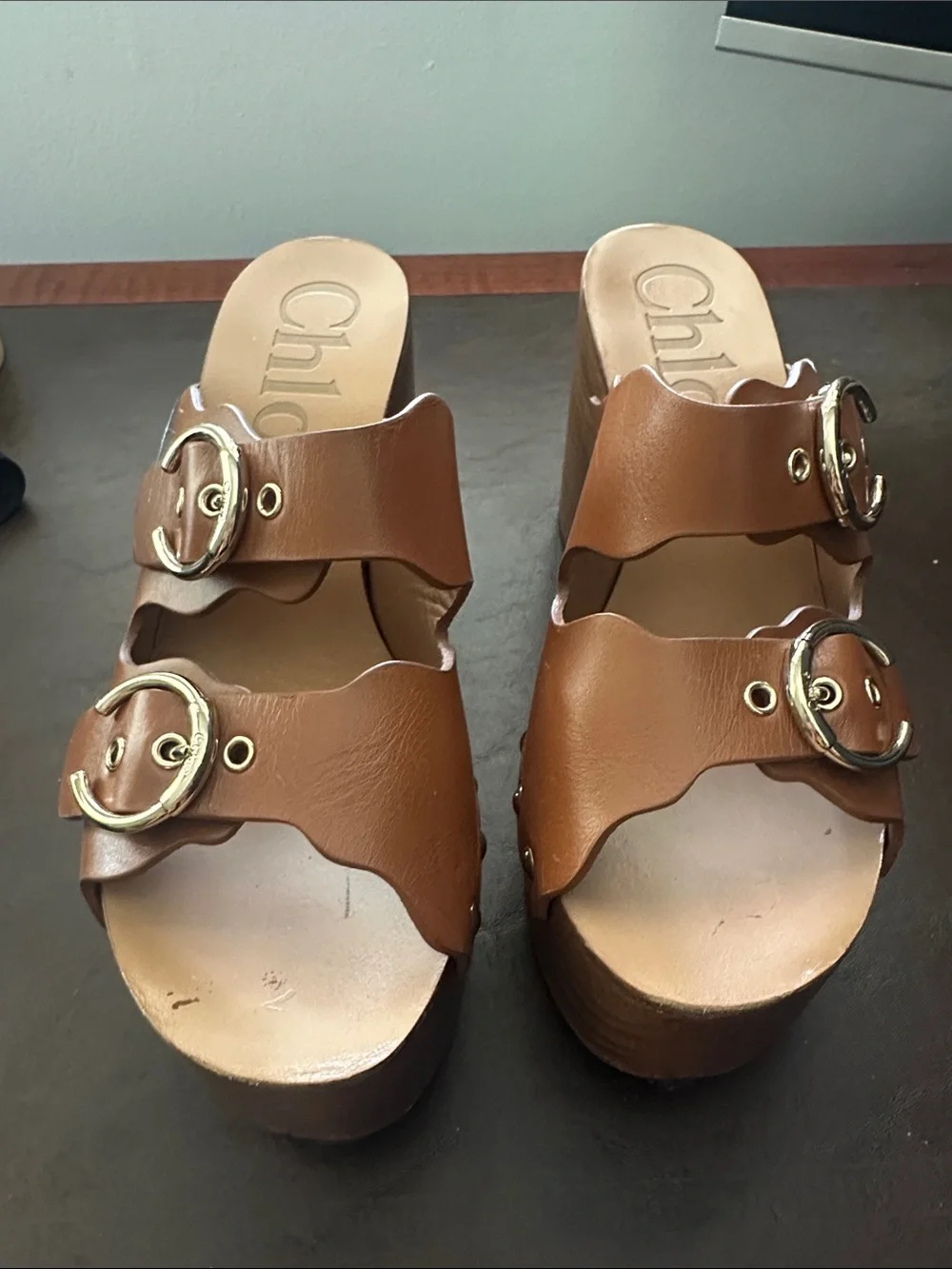 CHLOE Brown Leather Platform Clog Sandals